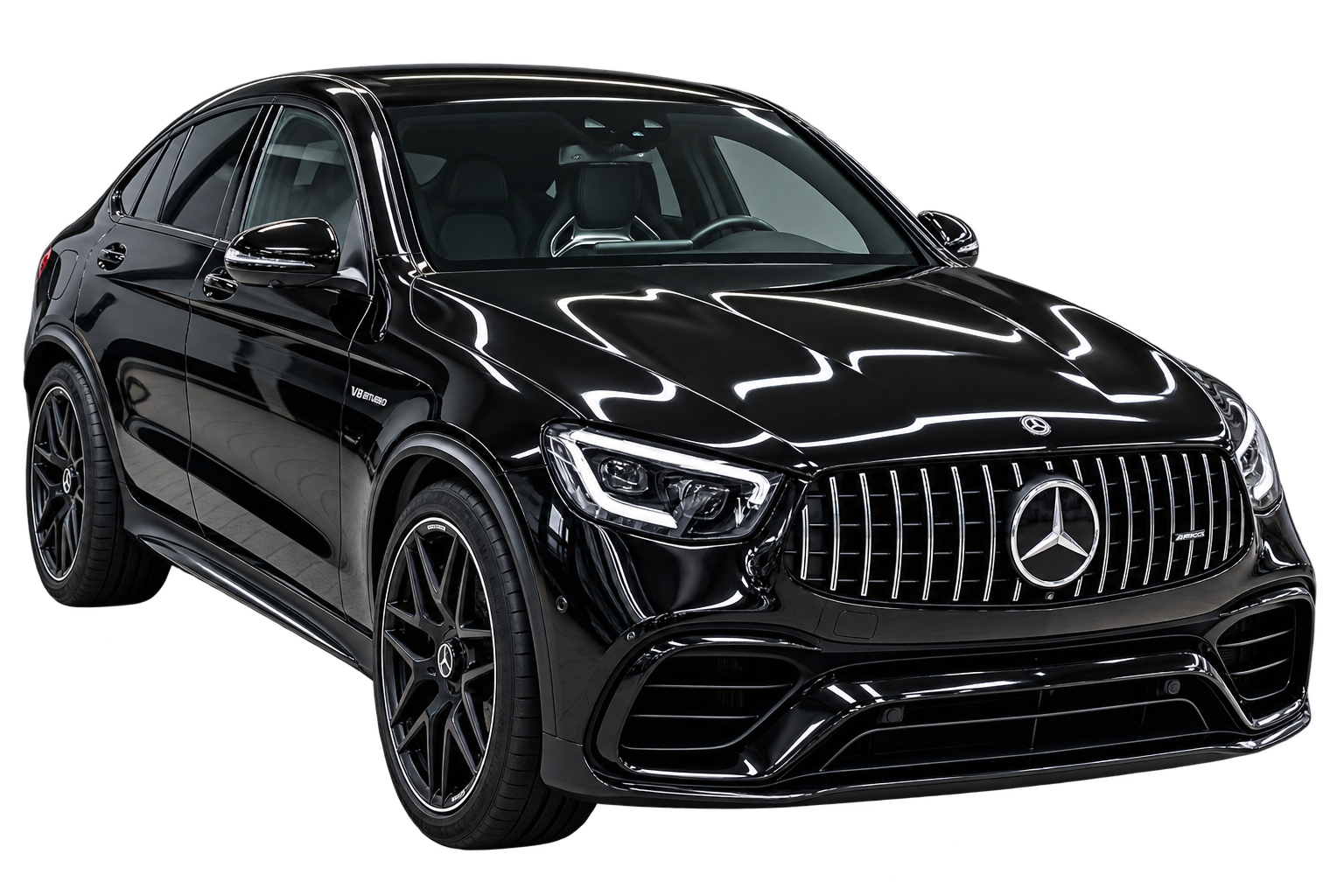 Sort premium SUV med spejlblank lak og AMG-detailing